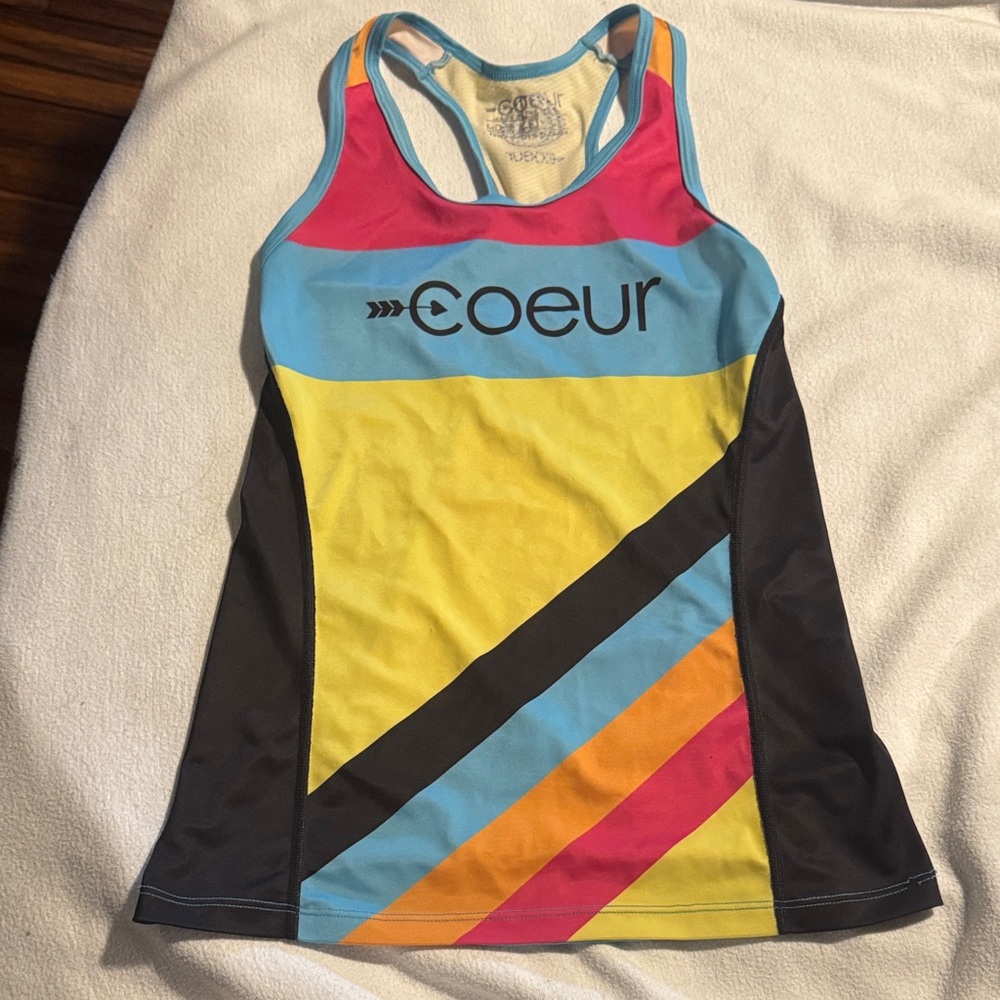 Coer triathlon or running Racerback Tank - Yellow/Blue/Pink- Sz: m